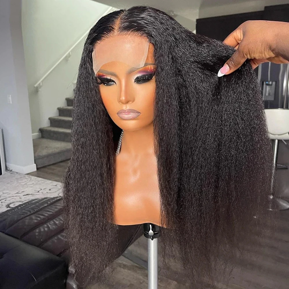 Soft Long Glueless Yaki Natural Black 26Inch Kinky Straight Lace Front Wig For Women With Baby Hair Synthetic Preplucked Daily