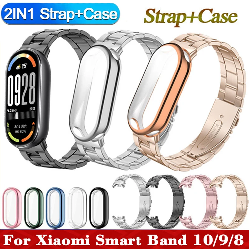 2 em 1 caso + pulseira para xiaomi mi banda 10 smartwatch correa de aço inoxidável para xiaomi mi banda 10 9 nfc pulseira com capa tpu