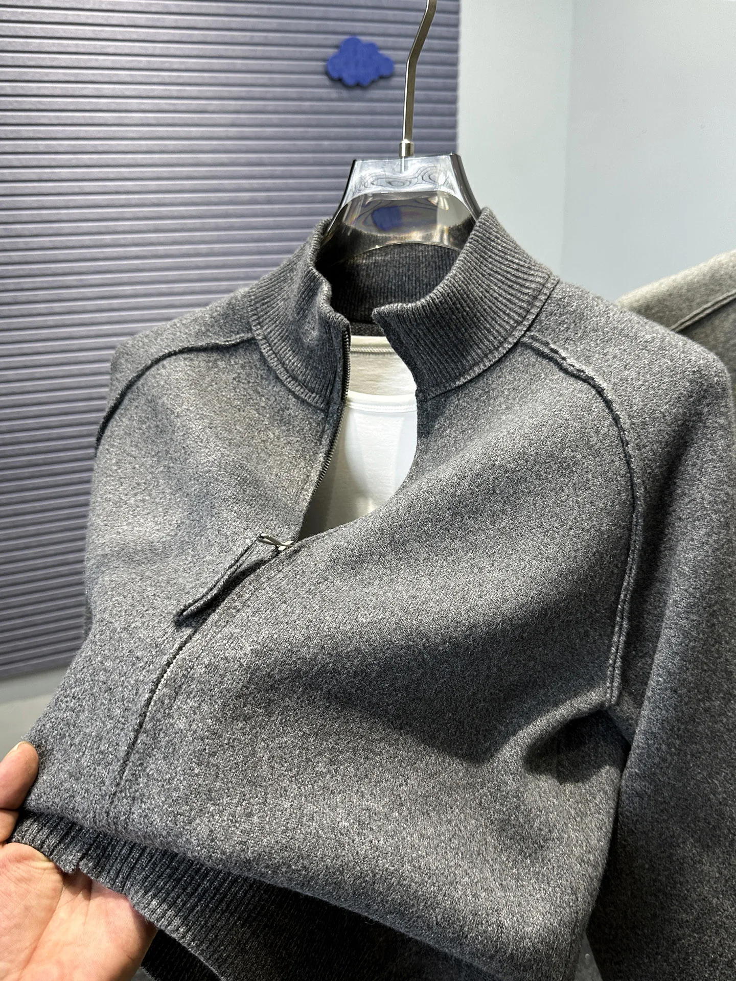 

High-End Splice oulder Zipper Men's Knitted Sweater Autumn Winter Pure Color Stand Collar Casual Outerwear Jaet