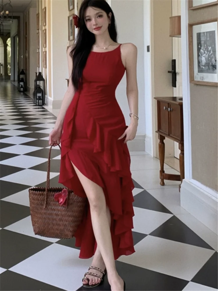 

Fashion New Summer Women Sexy Red High Split Holiday Dress Suspender Ruffles Irregular Strap Fairy Seaside Beach Chic Slip Dress
