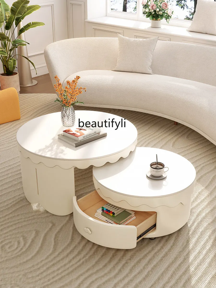 

Cream Style Solid Wood Coffee Table Designer Living Room Home Small Apartment Size round Stone Plate Tea Table