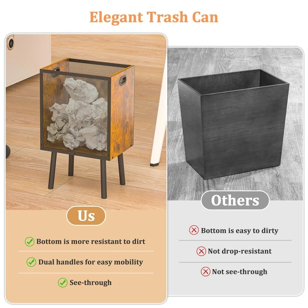 سلة مهملات مكتبية سعة 4.5 جالون للمكتب المقرب، سلة مهملات مستطيلة لغرفة النوم الخشبية مع شبكة - مقابض - ساق، صغيرة