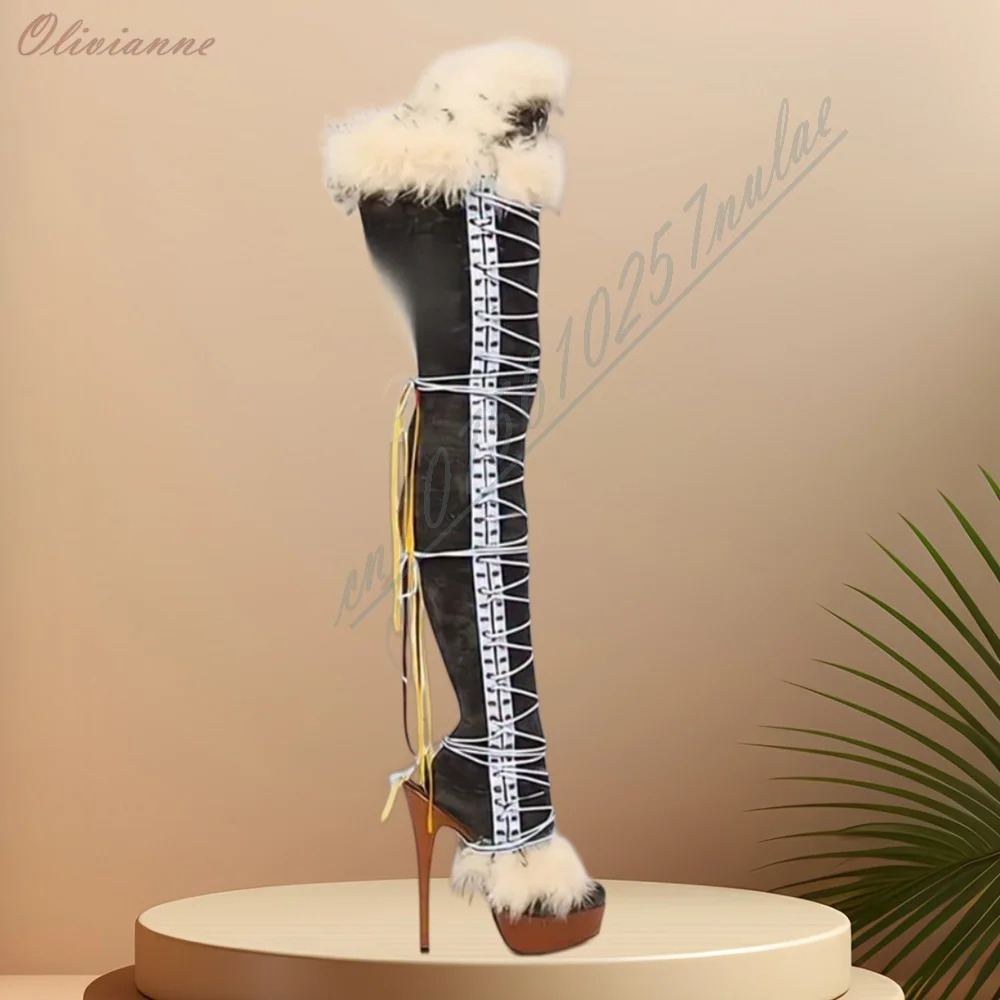 Gothic Retro Black Suede Sexy Thigh High Boots Furry Peep Toe Back Lace Up Stiletto Platform High Heel Over Knee Party Boots