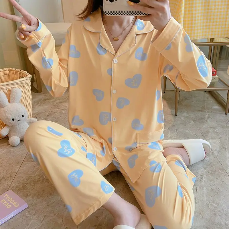 Simple Large Size Long-Sleeved Pajamas Set Spring Autumn New Women's Printing Lapel Homewear Suit 2024 Sweet Student Sleepwear