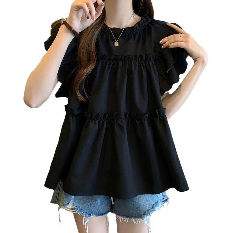 

Ruffled Loose Short Sleeve Blouse Women Summer New French Sweet Small Shirt Belly Covering Slimming TopYY144