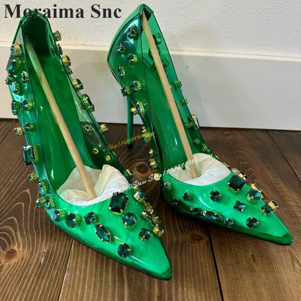 Sparkling Green PVC Crystal Decor Luxury Pumps Thin High Heel Women Shoes Slip On Pointed Toe 2024 Fashion Zapatos Para Mujere