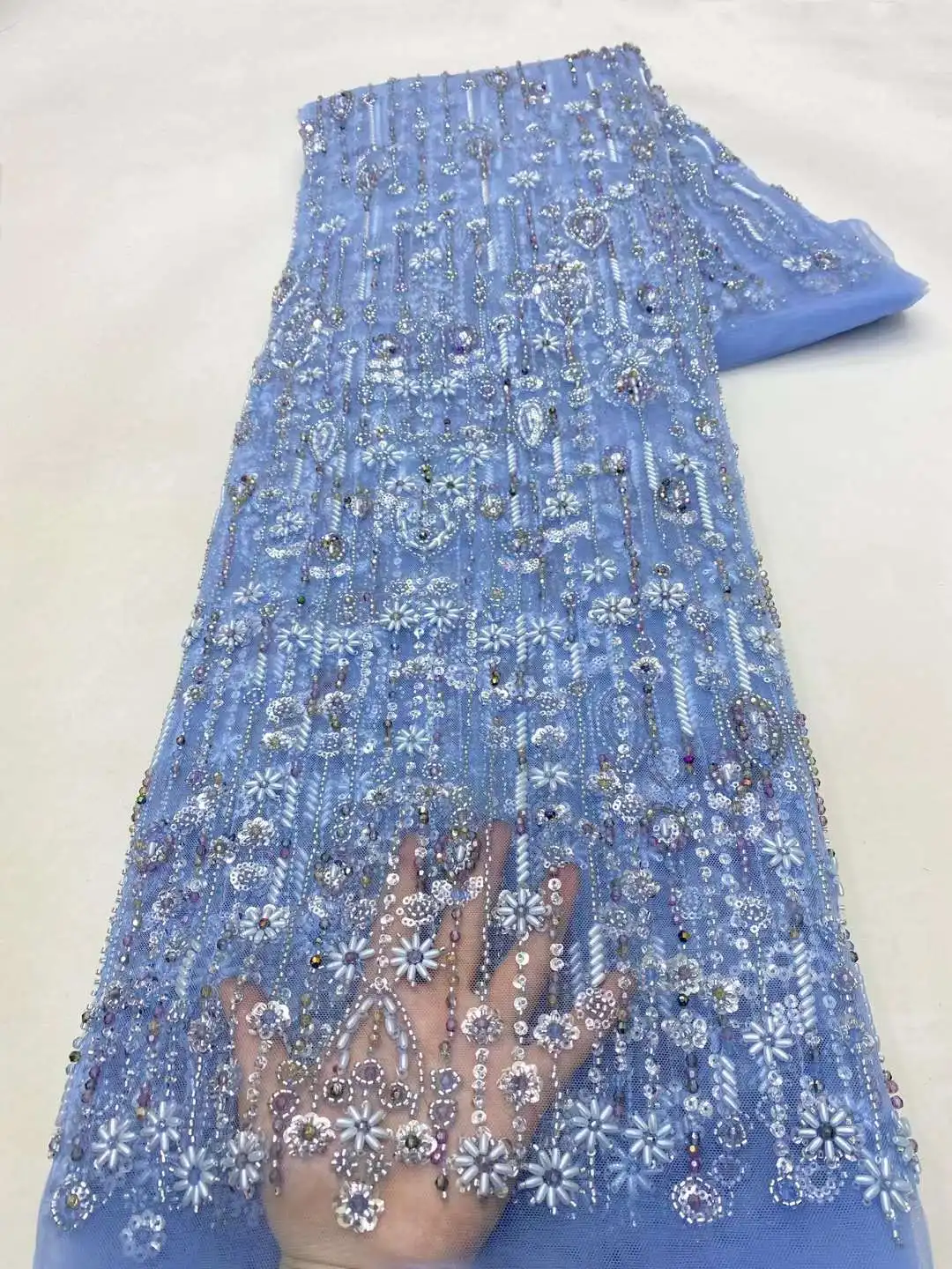 

Blue 2024 Luxury African Handmade Beads Sequins Lace Fabric High Quality French Groom Embroidery Beads Nigerian Lace for Sewi XZ