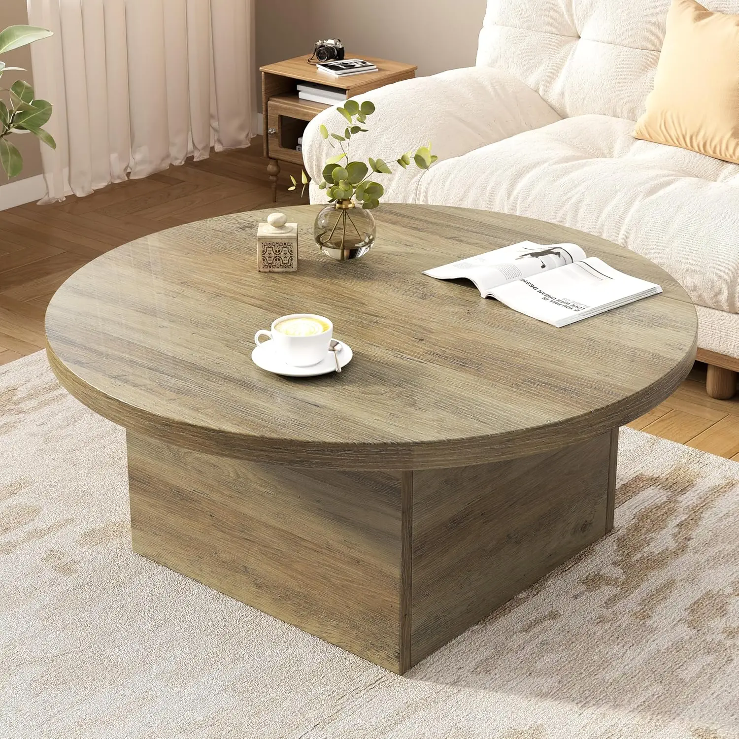 

Farmhouse Coffee Table Round 35.5 Inch Modern Center Tables Wood Cocktail Table, Scratch-Resistant Accent Table, Customized