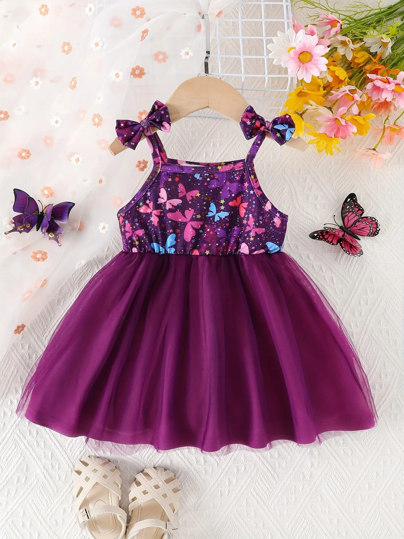 Summer Cute Girl Bow Halter Dress Baby Baby Net Purple Bow Pattern Pompadour Skirt Cool Cute Fashion Princess Dress