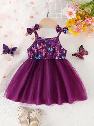 Vestido Halter con lazo para niña, falda de Pompadour con patrón de lazo púrpura de red para bebé, vestido de princesa fresco, moda linda, Verano