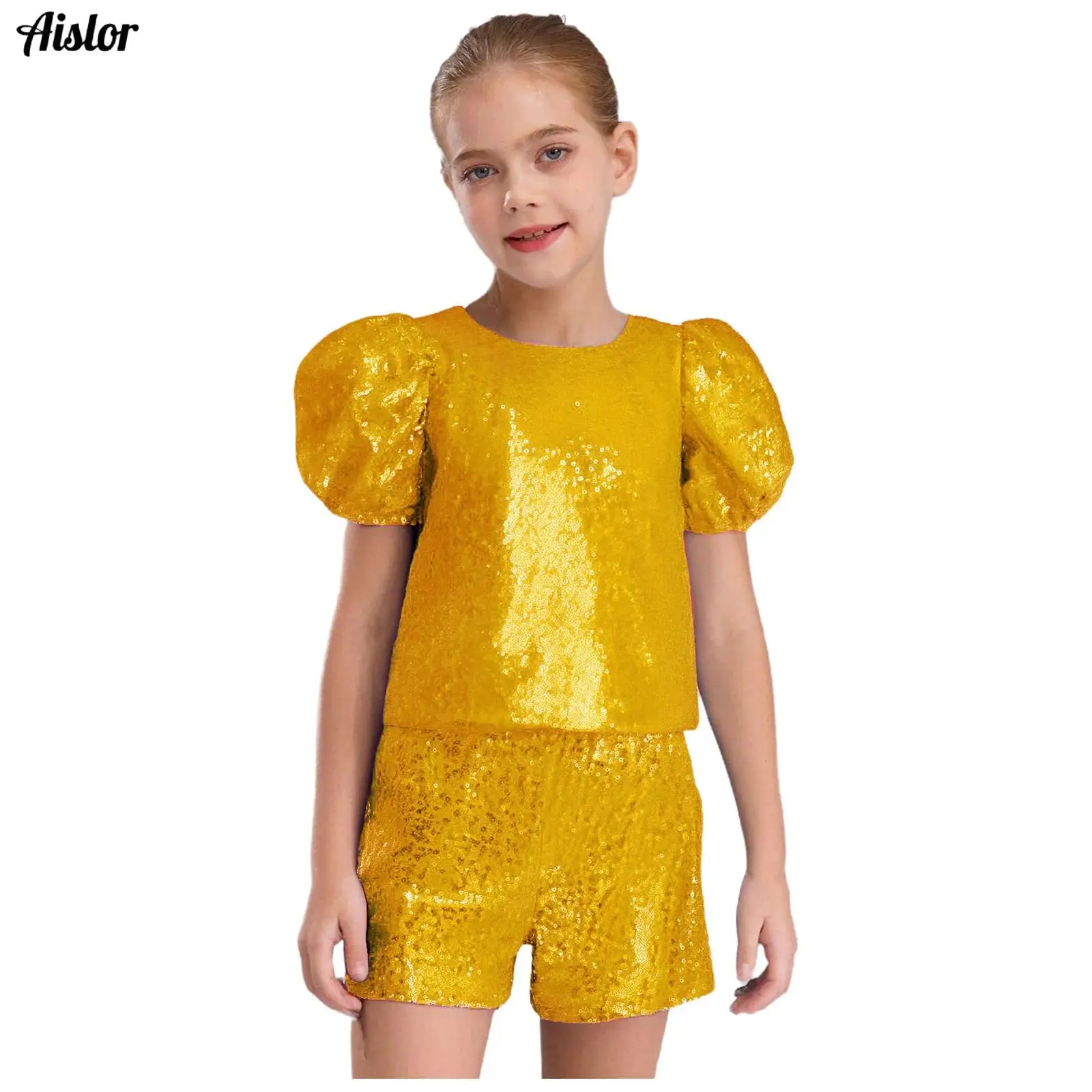

Kids Girls Jazz Dance Outfit Short Puff Sleeves Shiny Sequins Shirt Top with Shorts Set for Cheerleading Disco Dance Performance