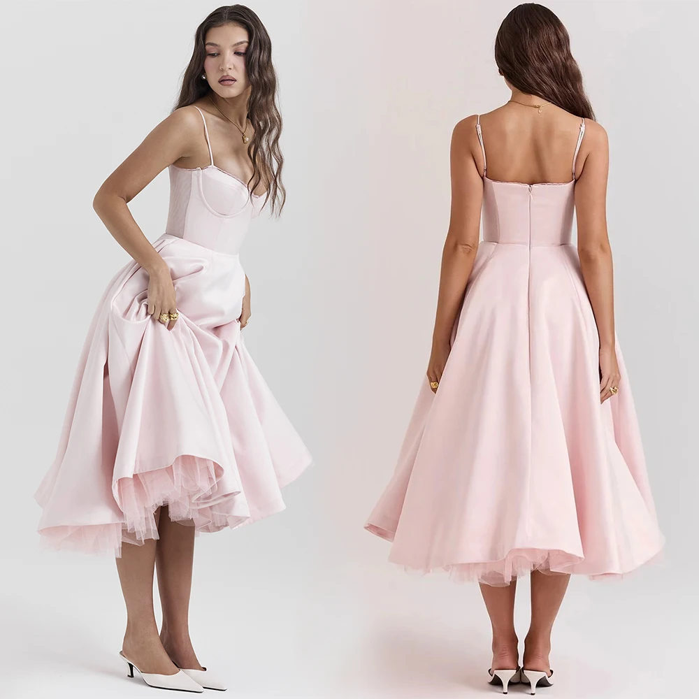 Women\'s Casual Spaghetti Strap A Line Flowy Midi Dresses Party Evening Gown Backless Elegant Wedding Guest Dress with Pockets