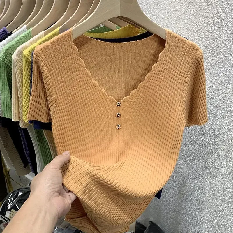 

Fashion Women Short Sleeve Knitted T-shirt Korean Summer Female Clothing New Slim Pullover All-match Solid Basic Chic Casual Top