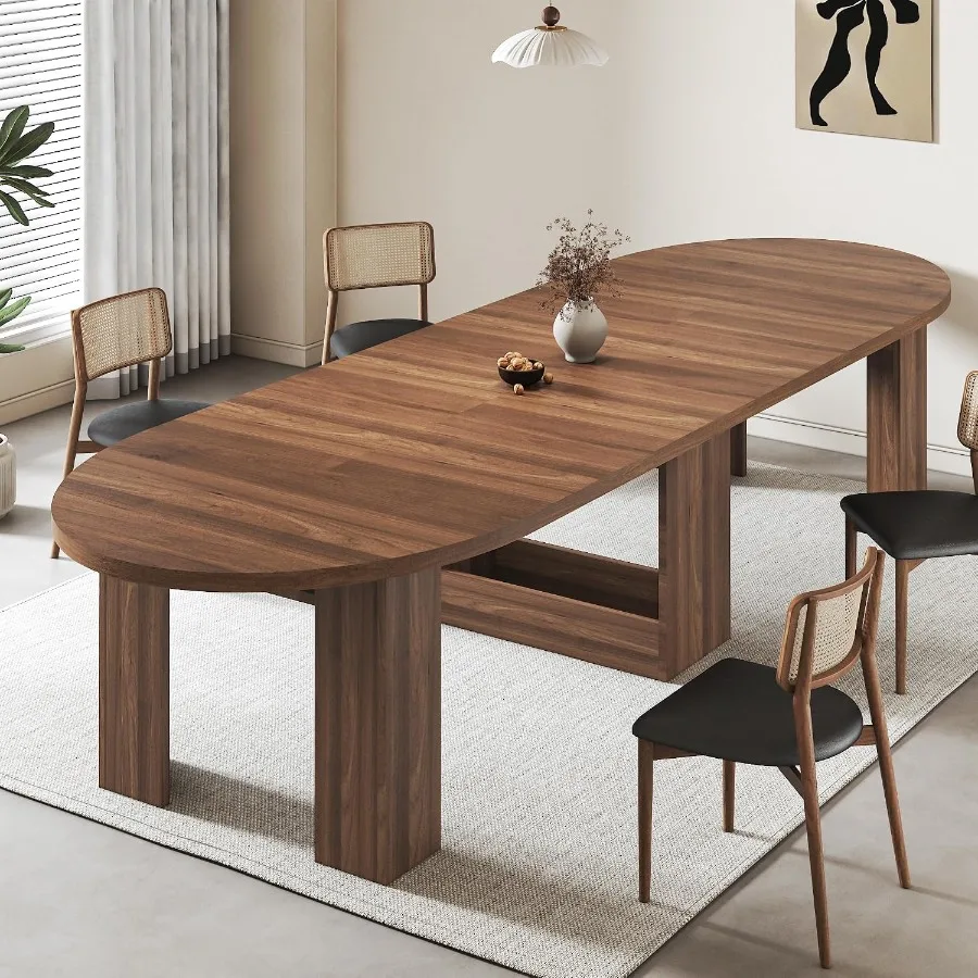 Farmhouse extendable round to oval dining table for 4-12, walnut finish, solid wood, smooth extension mechanism, versatile rust