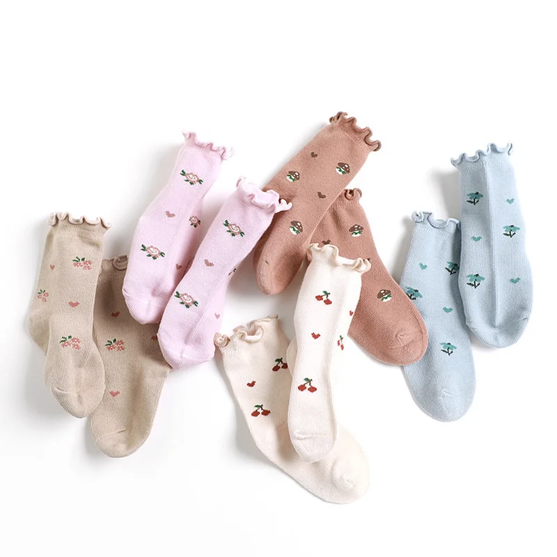 5 Pair/lot Toddlers Girls Frilly Socks Spring Autumn High Quality Cotton Soft Socks Kids Fruit Print Fungus Side Socks 0-5Years