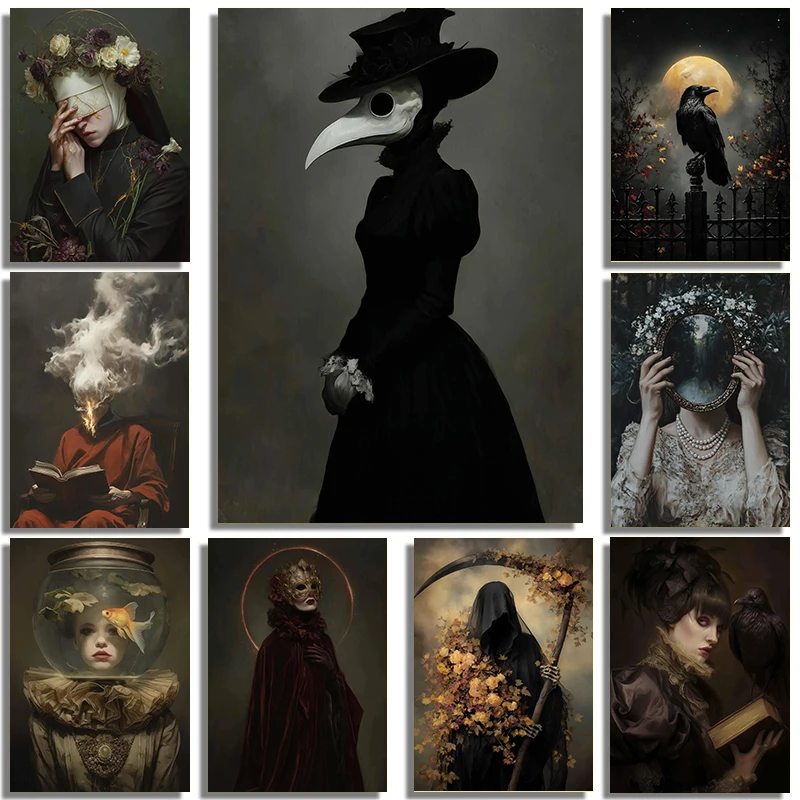 Frameless Dark Terror Retro Victorian Style Death Reaper Crow Vampire Ghost Portrait Poster Canvas Print Living Room Bedroom Wal