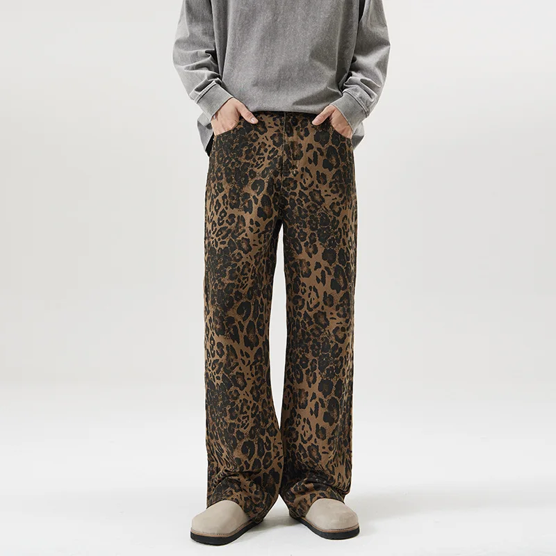 Autumn Winter Pants Men Loose Harlan Straight Wide-leg Trousers Leopard-print Casual Pants Young Men's Bottoms Brown XXXL