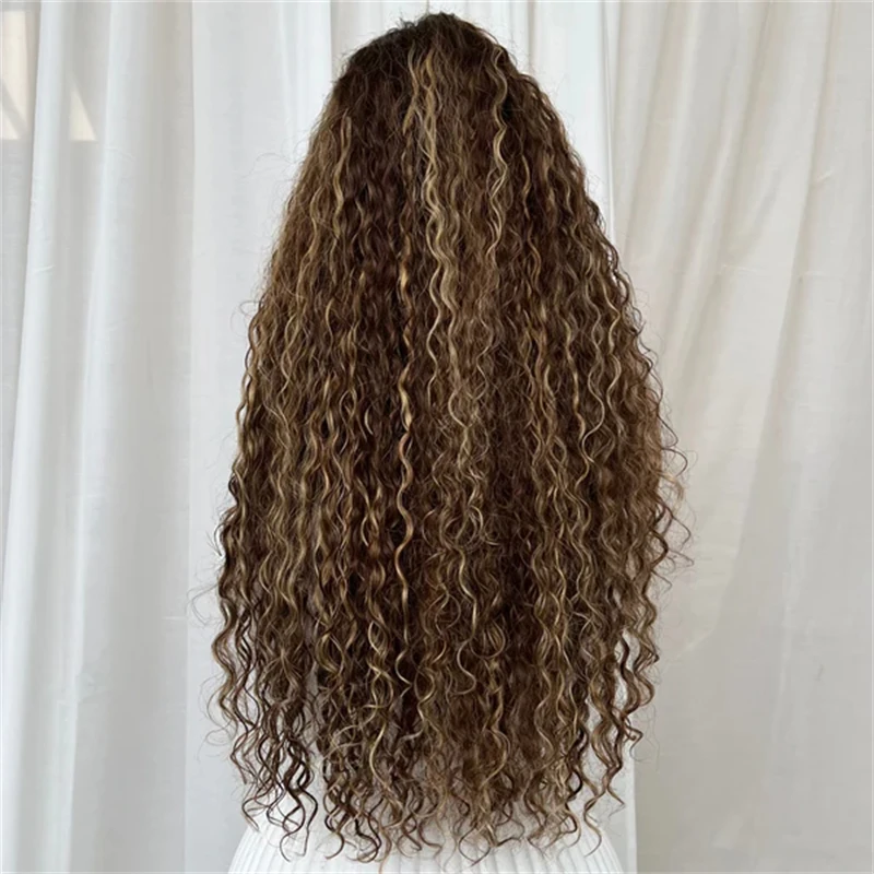 13x4 بني داكن مع خطوط شقراء العسل Balayage الاصطناعية HD الدانتيل شعر مستعار أمامي طويل عميق مجعد ألياف مقاومة للحرارة فراق عميق