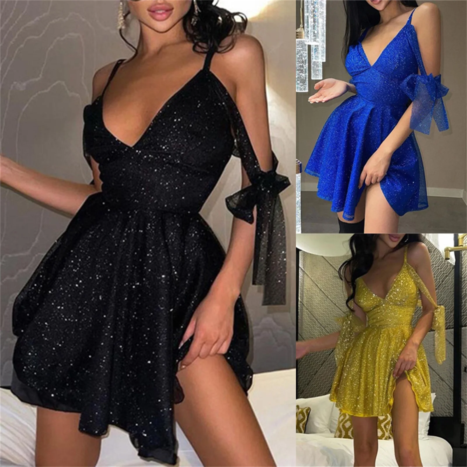 Women Shiny Party Dress Solid Color Spaghetti Strap V-Neck Braces Dress Cocktail Ladies