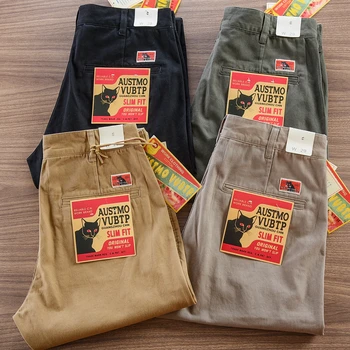 2025 Spring Autumn New American Retro Twill Woven Driving Pants Men's Simple 100% Cotton Washed Chino Straight Casual Trousers
