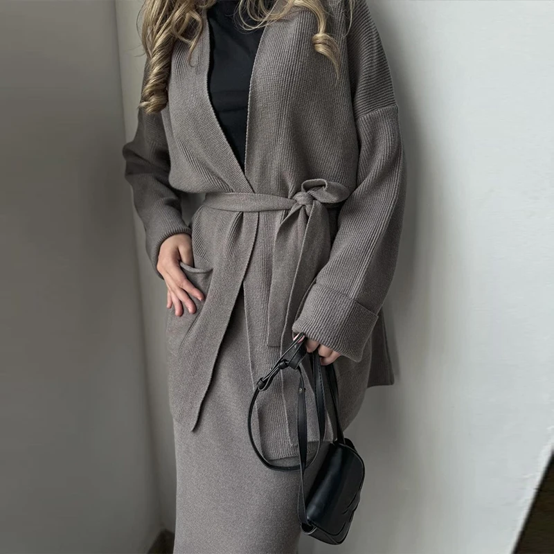 Casual Multi-color Long Sleeved Women's Suit Elegant Pocket Knitted Two Piece Set Autumn V Neck Lace Up Cardigan + Skirt Outfit