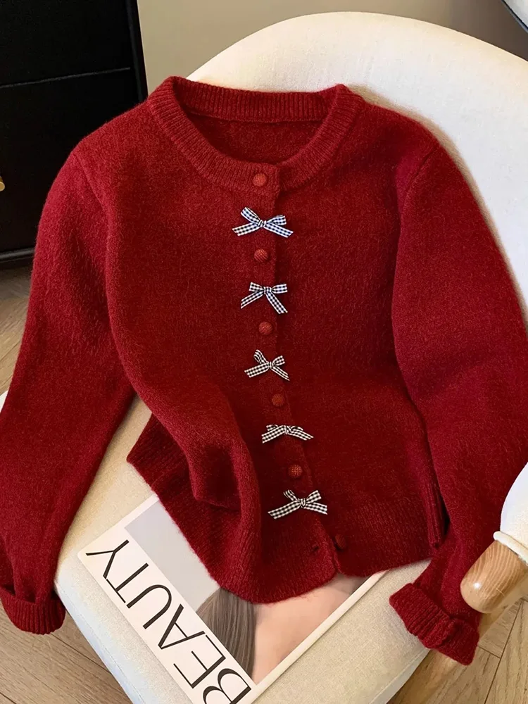 

Zoki Cute Bow Женский кардиган с длинным рукавом Ленивый ветер Сладкий вязаный свитер Повседневный свободный консервативный стиль Винтаж Леди с круглым вырезом Осенние топы