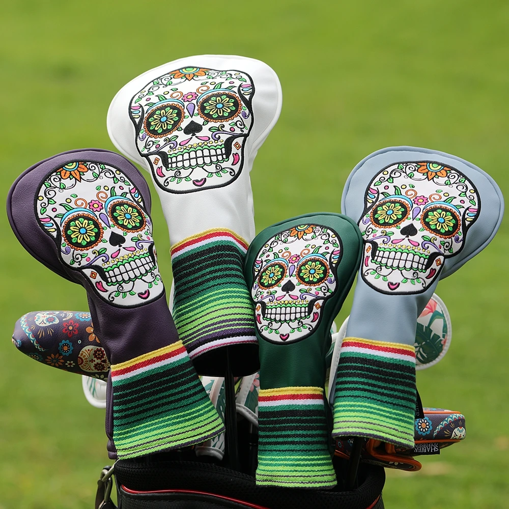Sugar Skull bestickte schwarz-weiße Golfschläger-Schlägerkopfabdeckung aus PU-Kunstleder