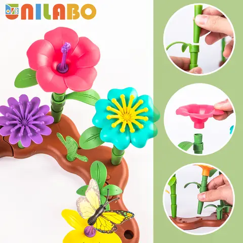 Unilabo Blomträdgårdsbyggleksak, STEM-leksaker för förskolebarn, pedagogisk aktivitet, blomsterstapelleksaker för barn i åldern 3-6 12 best sales blommaleksak - №4