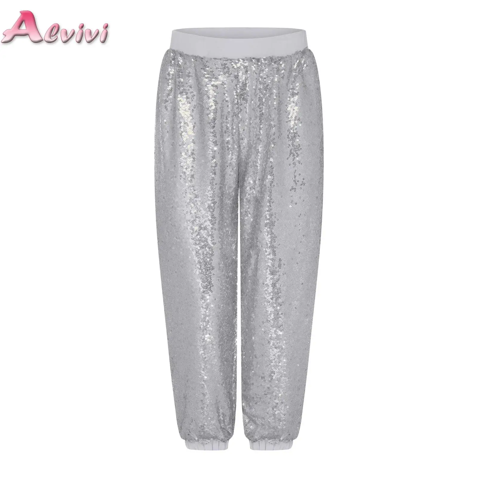 

Kids Girls Sparkling Sequin Harem Pants Elastic Waistband Bloomers Trousers for Modern Jazz Dance Hip-Hop Stage Performance