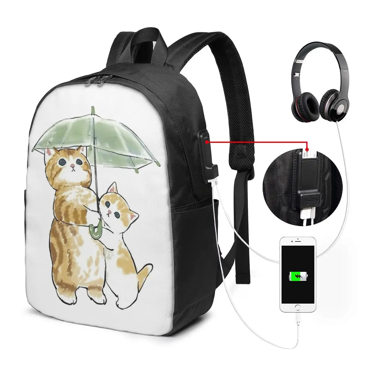 Two Cute Cat In Rain With Umbrella Backpack Travel Notebook Bag Computer College Student School Bag Laptop Shoulder Bags