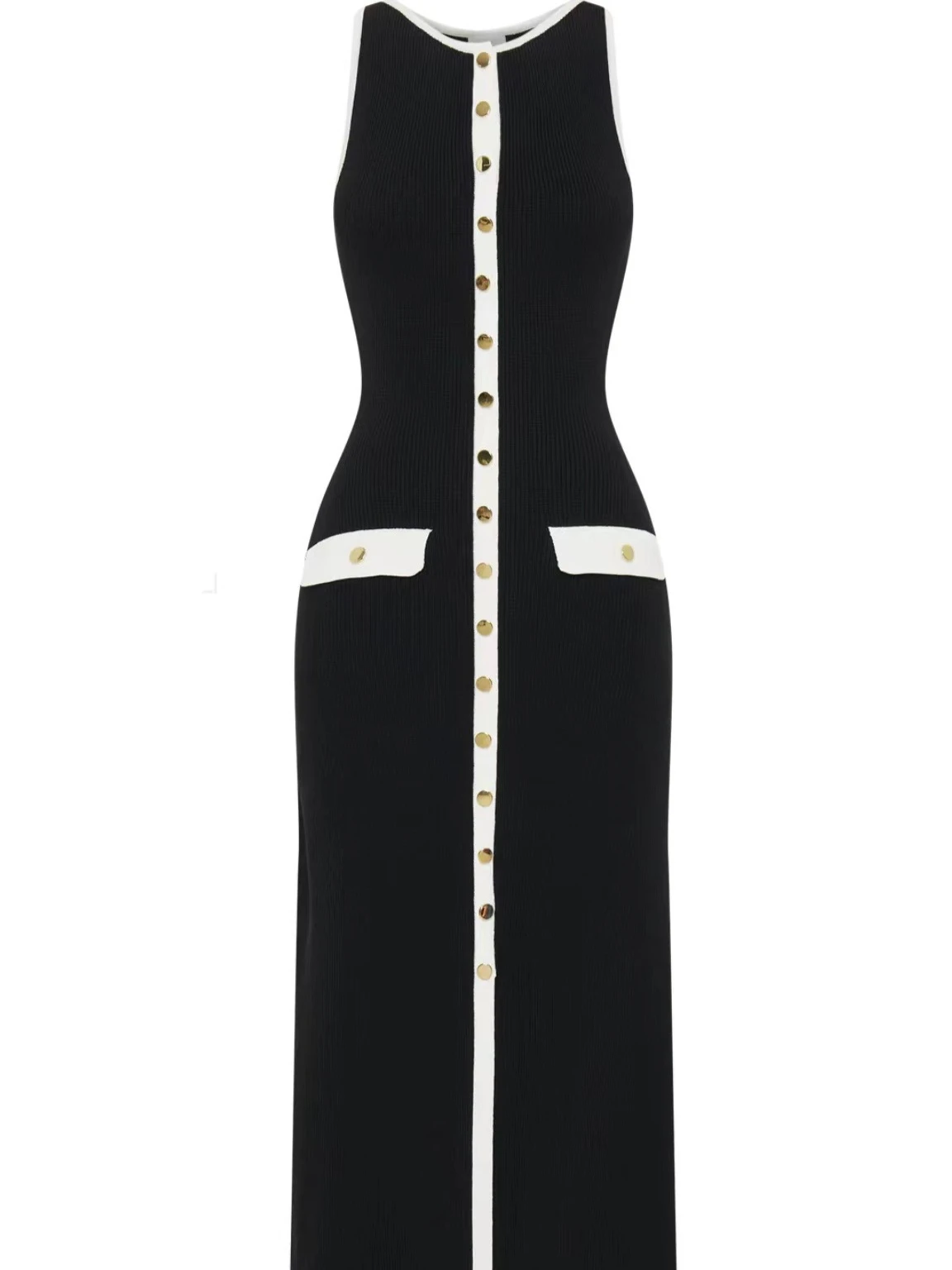 

Ladies Elegant Sleeveless Crew Neck Knitted Long Dress Black