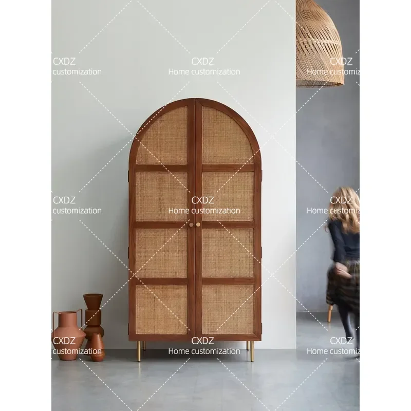 Japanese Style Rattan Wardrobe Solid Wood Wabi Sabi Design Home Storage Cabinet for Bedroom Living Room Hotel Furniture