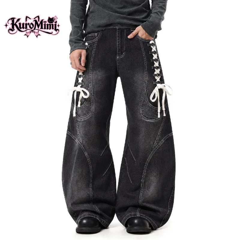 Y2K Vintage Streetwear Side Lace Up Curved Hem Wide Leg Unisex Jeans Distressed Washed Loose Fit Baggy Denim Pants Casual Outfit