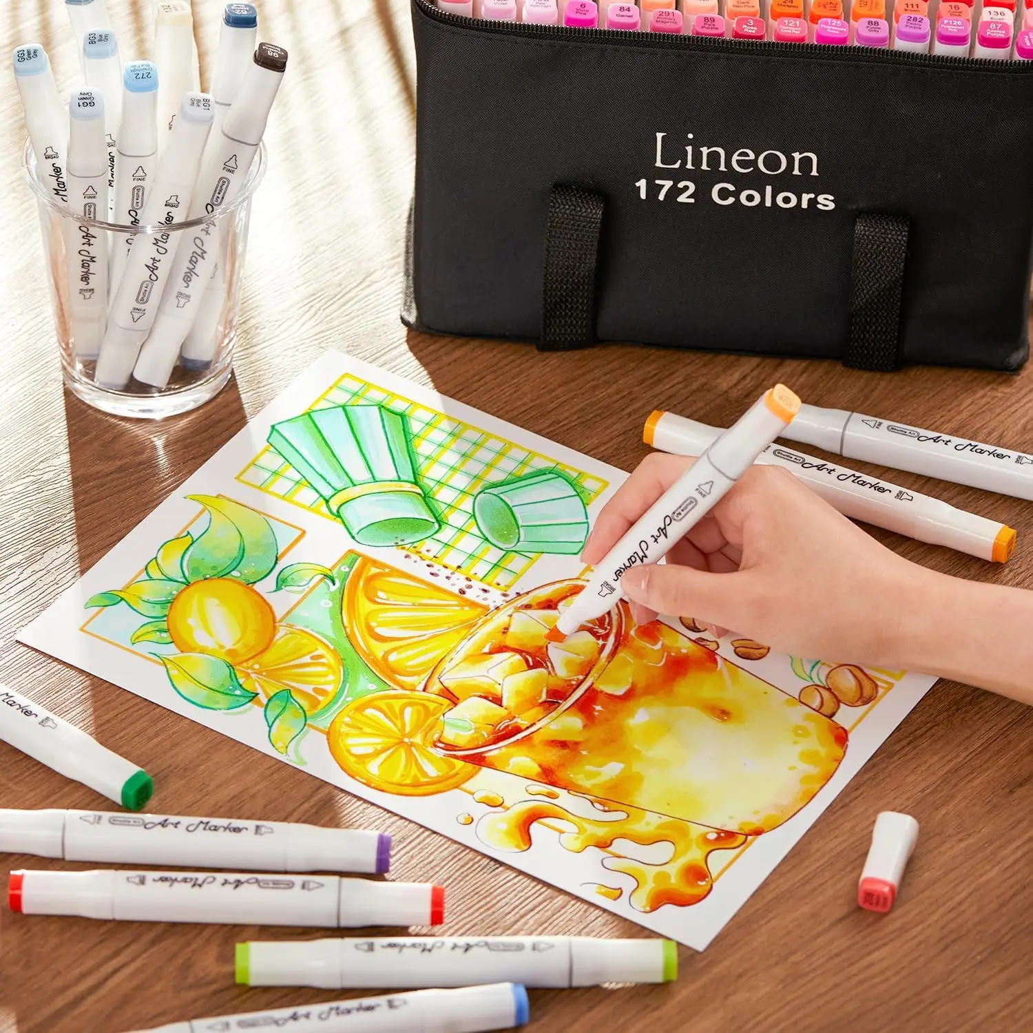 Lineon 172 Colors Alcohol Based Dual Tip Art Markers, 171+1 Blender Permanent Marker Pens Plus 1 Marker Pad 1 Case Perfect for Kids Adult Artist Coloring Books Drawing Sketching and Card Making - view 6