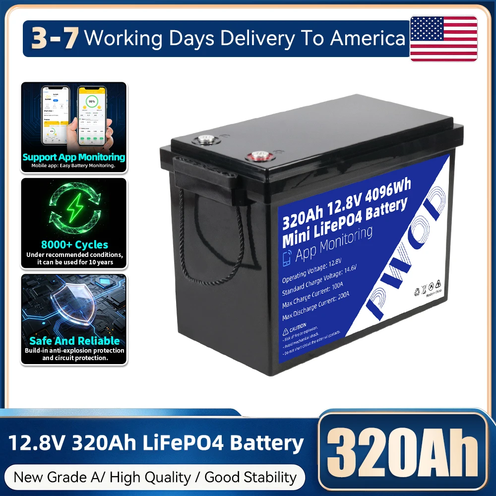 8000+ Cycles 12.8V 320Ah Lifepo4 Battery Pack Support APP Bluetooth Monitoring Rechargeable Grade A 12V Lithium Iron Phosphate Cell For Home Solar Energy Storage RV Camp equipment