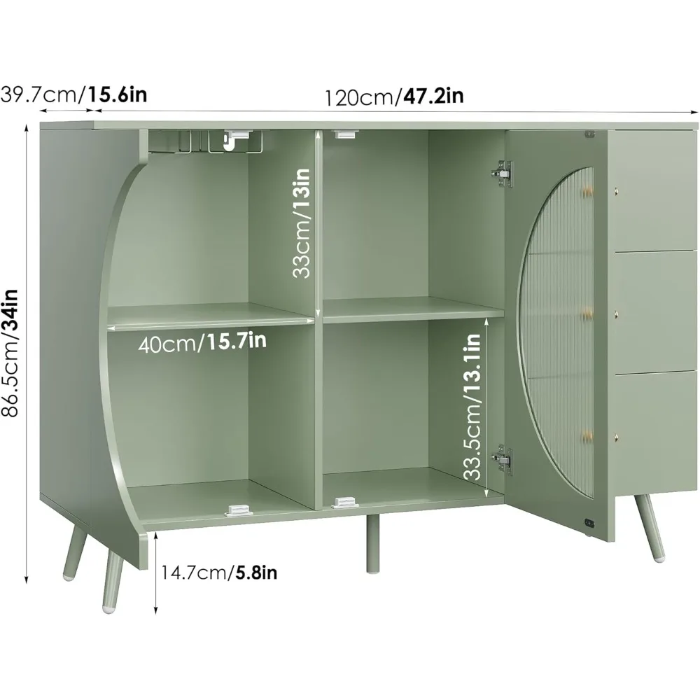 Armário de bar de café com porta de vidro canelada, aparador de buffet estilo creme moderno com rack de vidro de vinho