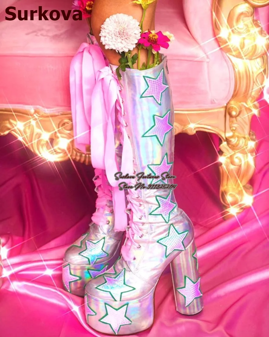 Glitter Flame Stars Knee High Platform Boots Women Holographic Patchwork Lace Up Chunky Block Heel Rave Festival Cosplay Boots