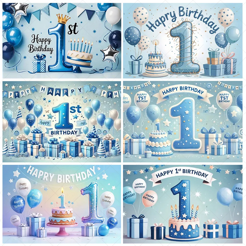 

Theme 1st Birthday Party Decorations Blue Balloons Backdrop Supplies Baby Shower Background Photography Props Banner Kids Gifts