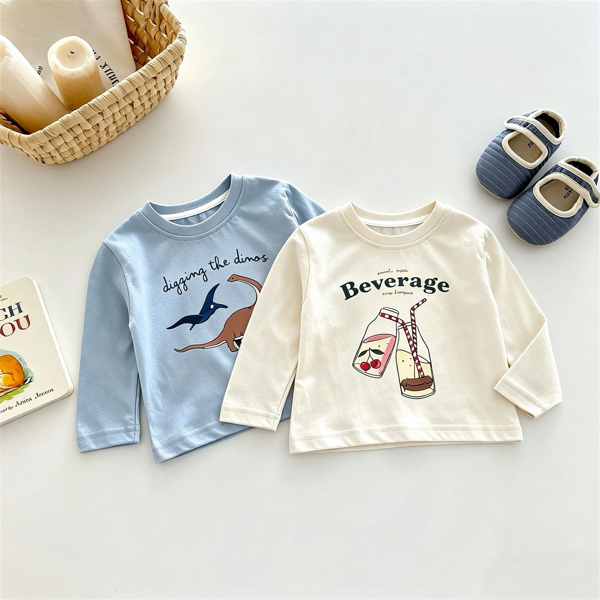 Solid Color Printed Cartoon Tops Long-sleeved T-shirt Children's Clothes Casual Bottoming Shirt Boutique Kids Costume Base Shirt
