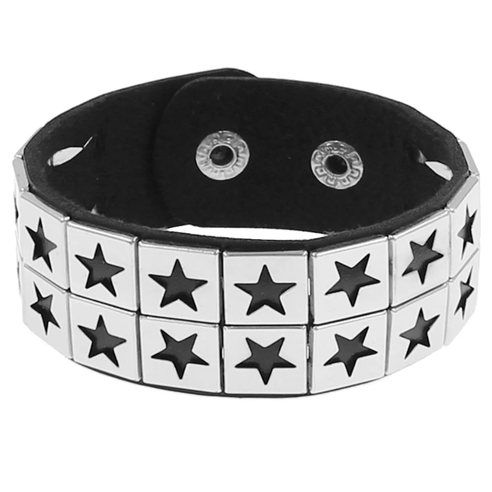 European and American Fashion Punk Street Photography Nightclub Pentagram Square Rivet Bracelet Ins Couple PU Leather Bangle