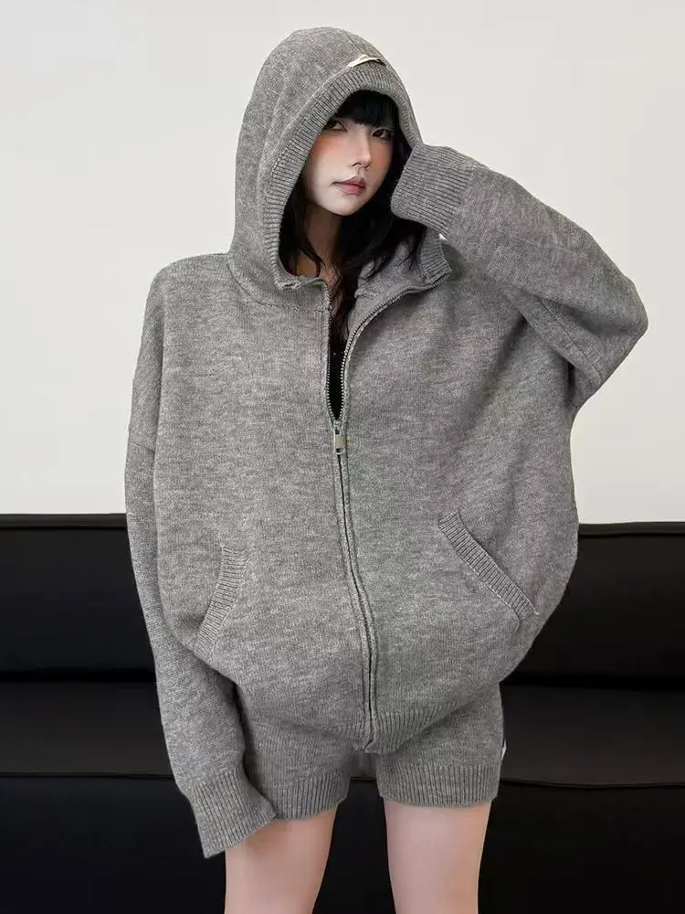 Y2k American Grey Hot Girls Retro Knitted Zipper Hoodie Women's High Waist Shorts Two-Piece Korean Fashion Loose Sweatshirt Suit