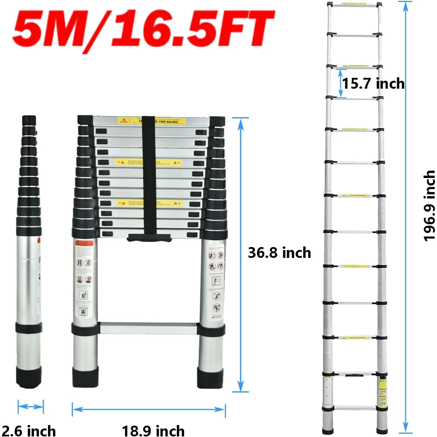 Telescoping Ladder, 16 FT Aluminum Extension Ladder Step Ladders Loft Attic Ladder Collapsible Ladders,  330 Pound Capacity ﻿