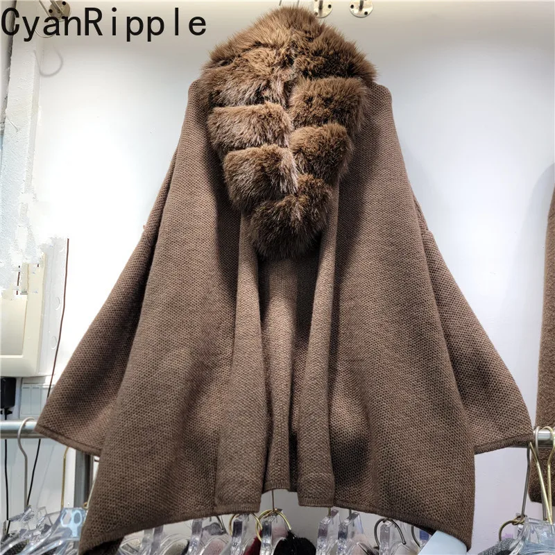 Autumn Winter Large Fur Collar Shawl Sweater Coat All-match Solid Color Batwing Sleeve Elegant Cardigans Top Knitted Cloak Shawl