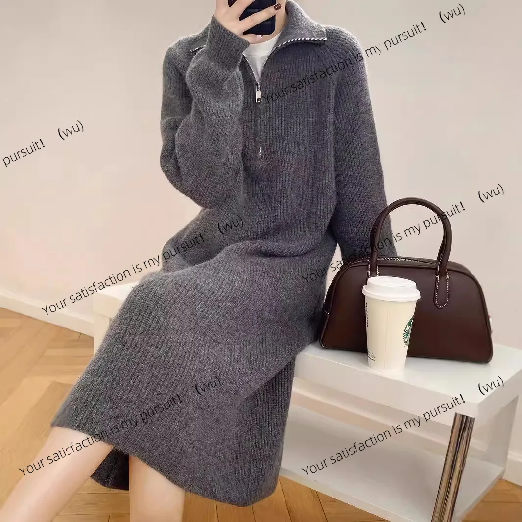 

Zipper lapel knit dress women's autumn and winter retro long turtleneck sweater skirt straight French long-sleeved bottoming