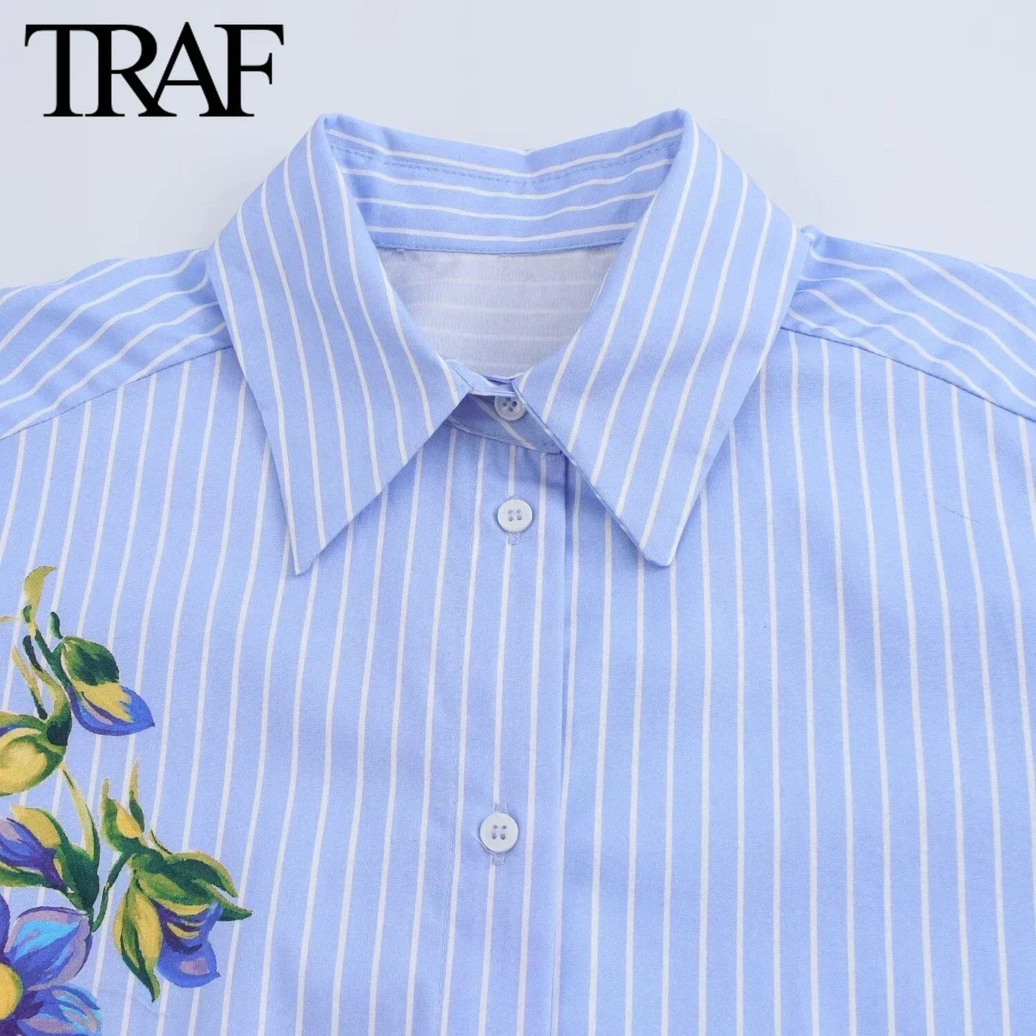 TRAF Women Fashion New Flower Printed Striped Long Sleeve Single Breasted Lapel Blouse Street Clothing Shirt Chic Ladies Top