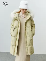 FSLE – doudoune mi-longue avec col en fourrure de renard pour femme, manteau chaud à capuche, doublure en duvet de canard blanc, 142-170G, hiver 2022 90%