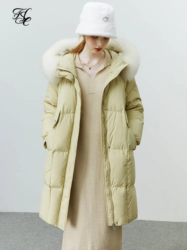 FSLE 142-170G Fox Fur Collar Hooded Down Jacket Women Winter 2022 90% White Duck Filling Mid-length Warm Down Coat Female