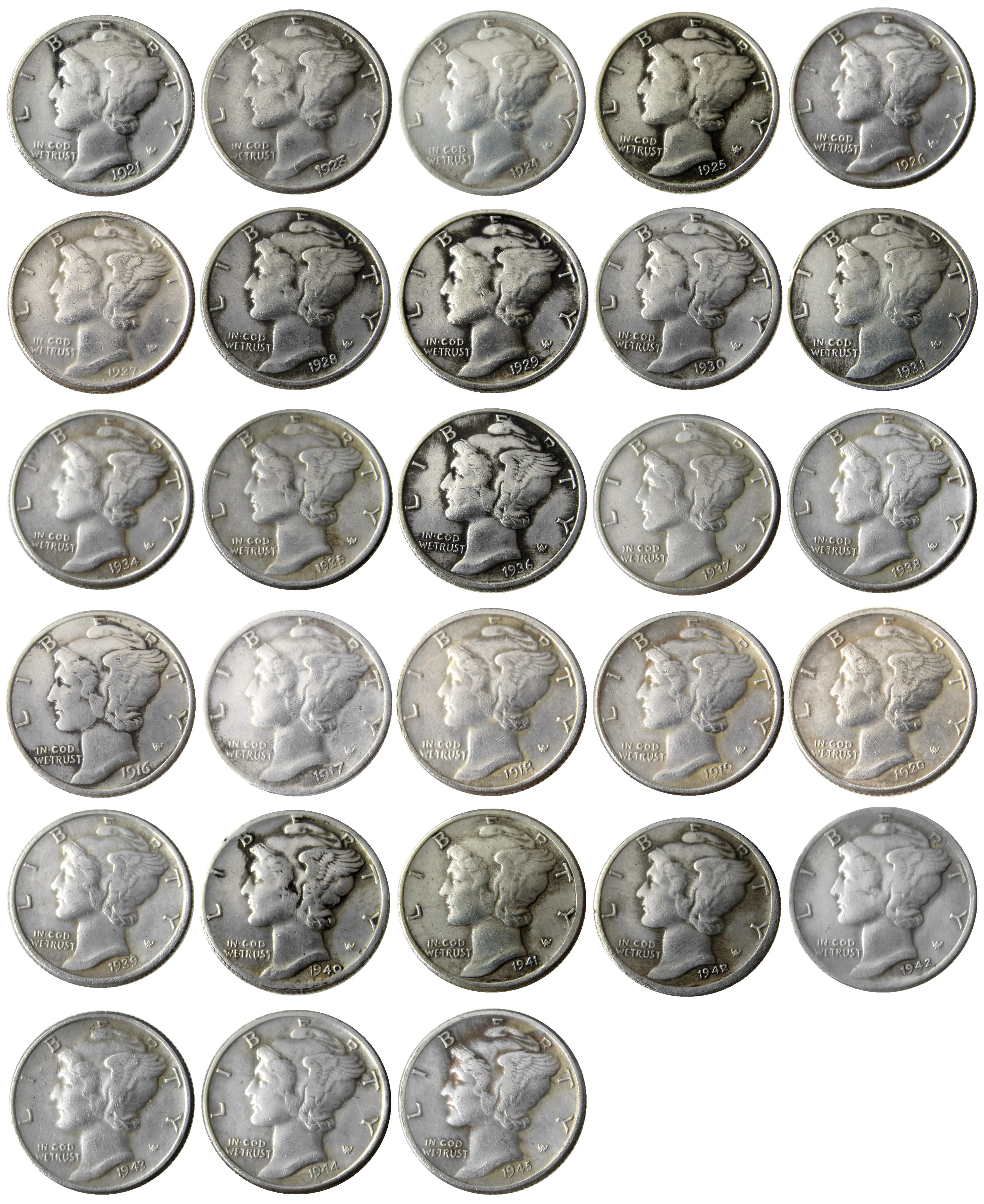 US A Set Of(1916-1945) -P 28pcs Mercury Head Dime Silver Plated Copy Coin