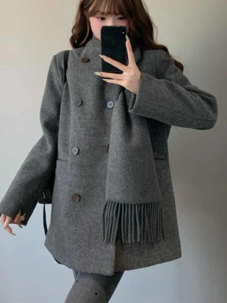 2025 Winter Gray French Vintage Elegant Overcoat Women Button Design Harajuku Warm Blends Female Chic Korean Popular Clothes