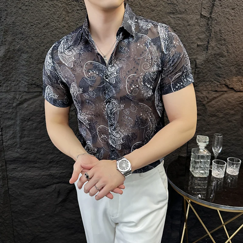 Sexy Mesh Jacquard Shirt for Men Summer Short Sleeved Thin Shirts Fashion Casual Nightclub Social Men's Shirt Breathable